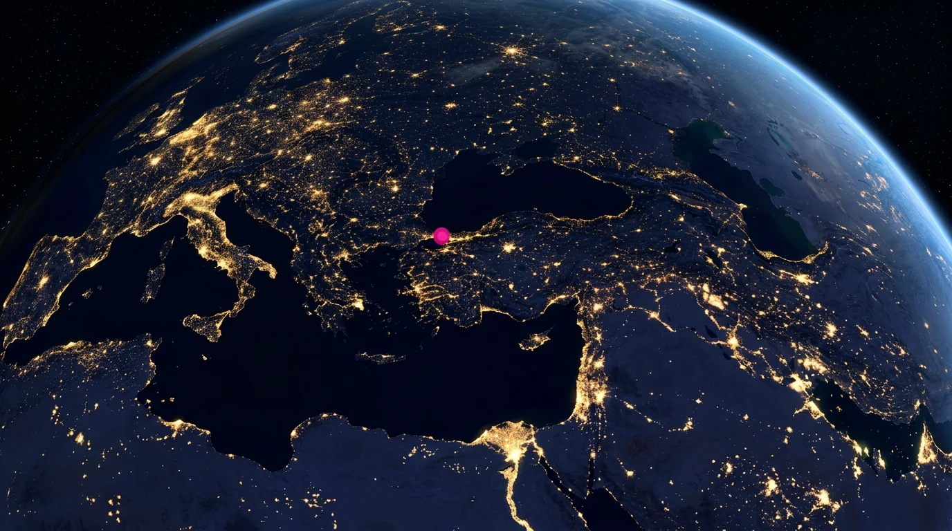 Night map of Europe and the Middle East with Bordox locations marked in Istanbul, Riyadh and Dubai